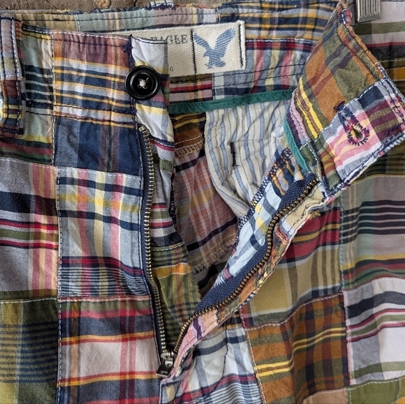 VTG Y2K AEO Madras Plaid Patchwork Shorts Flat Front Size 34 - Picture 7 of 10